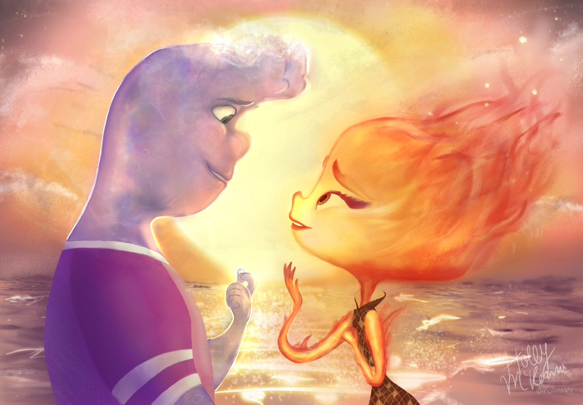 hollustrate's tweet photo. “You took the words out of my mouth.” 🥰

 An approximation of what the beach proposal deleted scene might have looked like in the final film. 💕

#Elemental #PixarElemental #elementos #엘리멘탈 #マイエレメント https://t.co/hrYziNHeyK