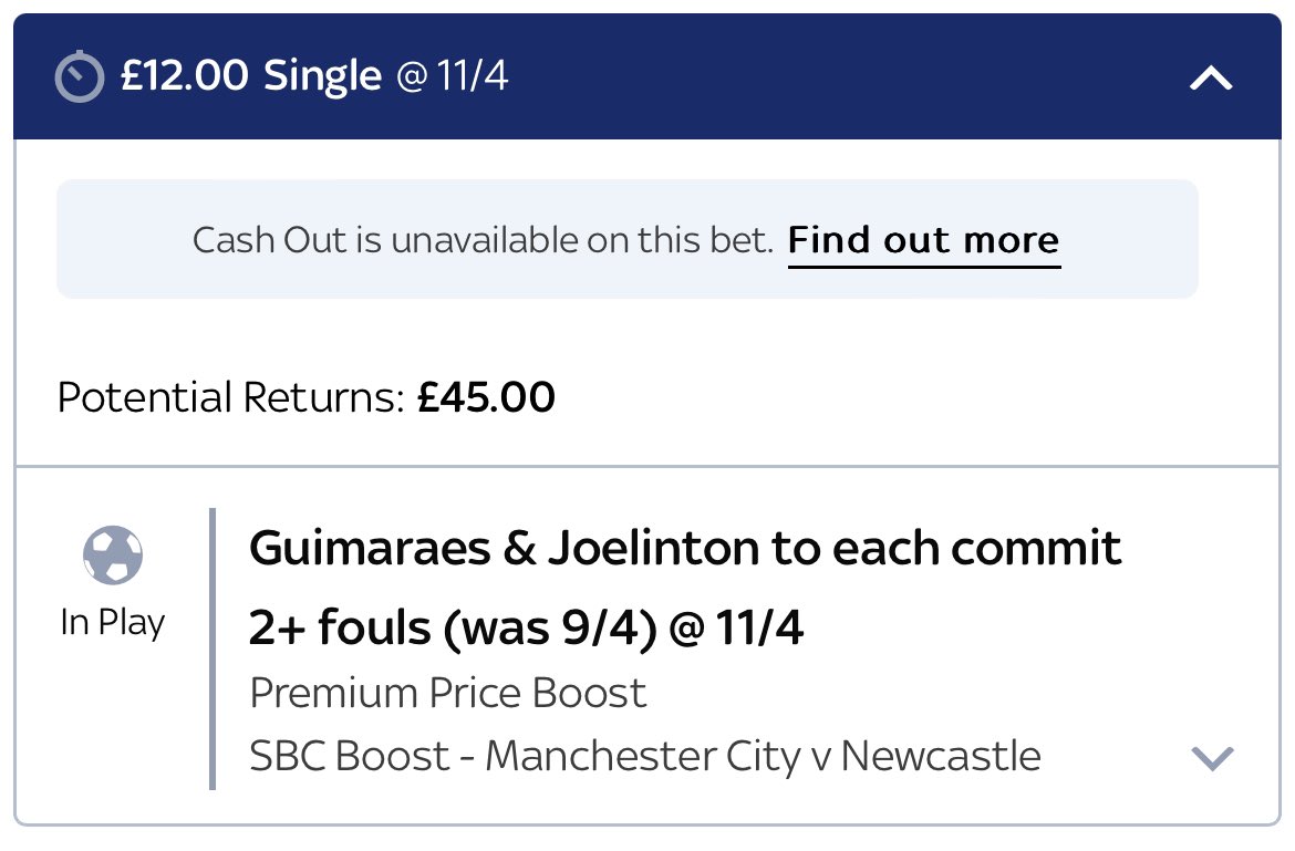 Earz1010's tweet photo. When are you going to pay out then @SkyBet. Only saying 1 foul by Guimaraes yet he got booked for a second foul https://t.co/3qMi9ExxT9