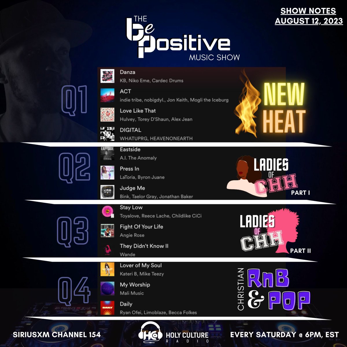 dj_b_plus's tweet photo. Tune in each SATURDAY for a new edition of the 'Be Positive Music Show" at 6pm EST/5pm CST on #SIRIUSXM Channel 154 & Holy Culture Radio.
#BePositive
#BPMS
#HCR154
(8-12-22) LAST WEEK'S #SHOWnotesBPMS
You can hear this show at 6pm, EST download the @HolyCulture App. https://t.co/qstfSoQRVz