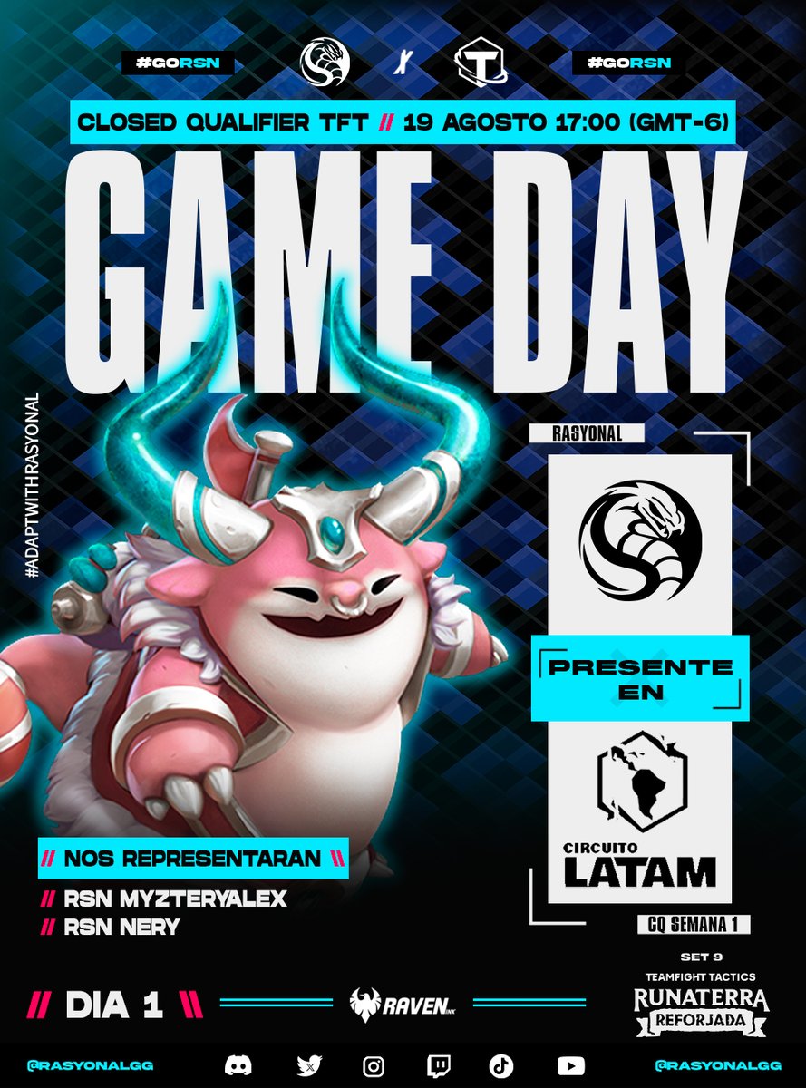 RasyonalGG's tweet photo. ¡Es Hoy! Estamos emocionados de anunciar que nuestros jugadores de TFT @MyzteryAlex y @MelyNeri2 están listos para arrasar en el Closed Qualifier.
¡Aplaudamos y envíemos todo nuestro apoyo mientras representan a Rasyonal Gaming en esta emocionante competición! @EFGAmericas #GoRSN https://t.co/kbMxSaQTQ5