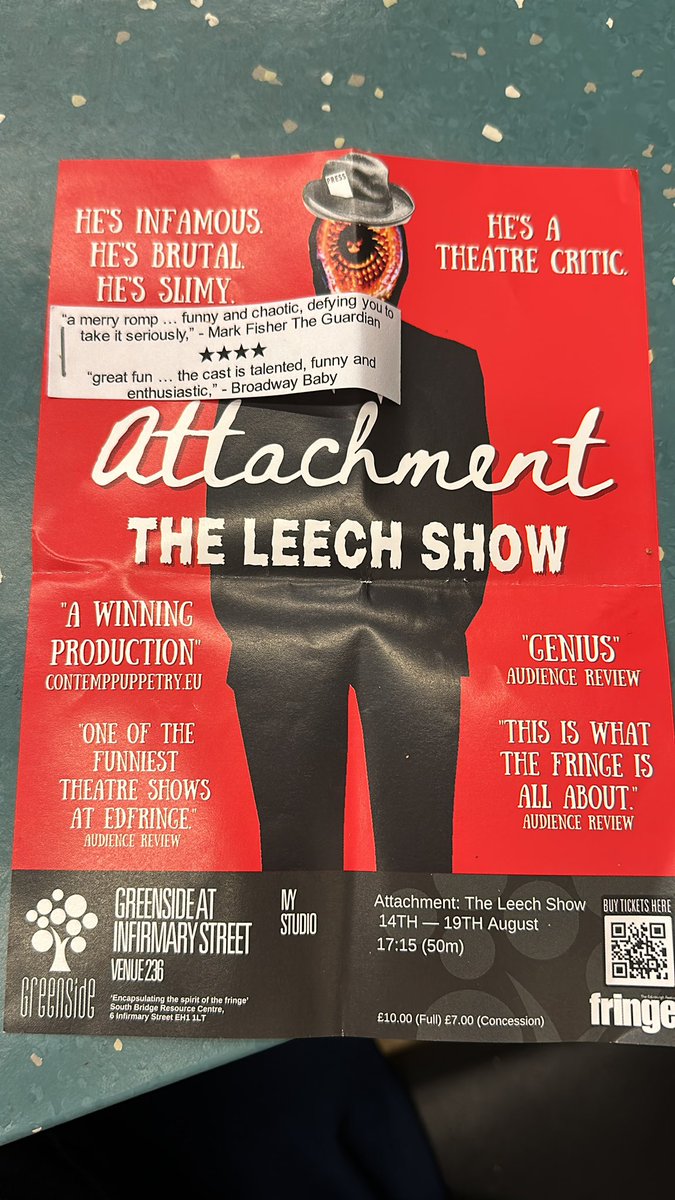 gregstr26's tweet photo. I caught todays (and sadly final) performance of Attachment: The Leech Show from @KitschTheatre - absolutely hilarious comedy about putting on a show at #edfringe to please an infamous theatre critic. Brilliant, big things ahead for this company. #FillYerBoots https://t.co/qEWoCQIXIm