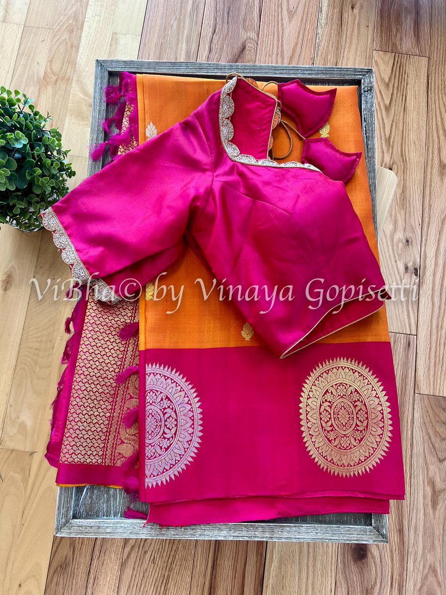 #kanchisilk #silksarees #orangishyellow #darkpink #designersarees #handloom #stylish #traditionalwear #partywear #festive #vibhaboutique #bayareabotuique #designervinayagopisetti #sareelove