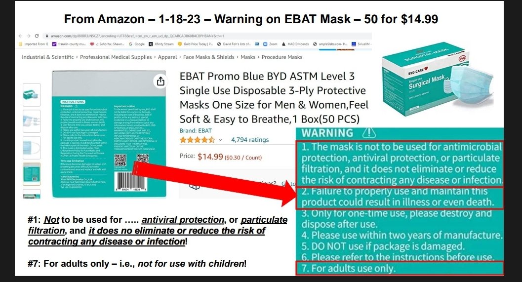 @TheRightMelissa I've heard the reports from Alex Jones about masks coming back. Just another reminder: masks provide a less than 1% risk reduction, they do not seal, cannot be fit tested, and are not rated as PPE nor source control against a virus. Masks have gaps, and aerosols not only go…