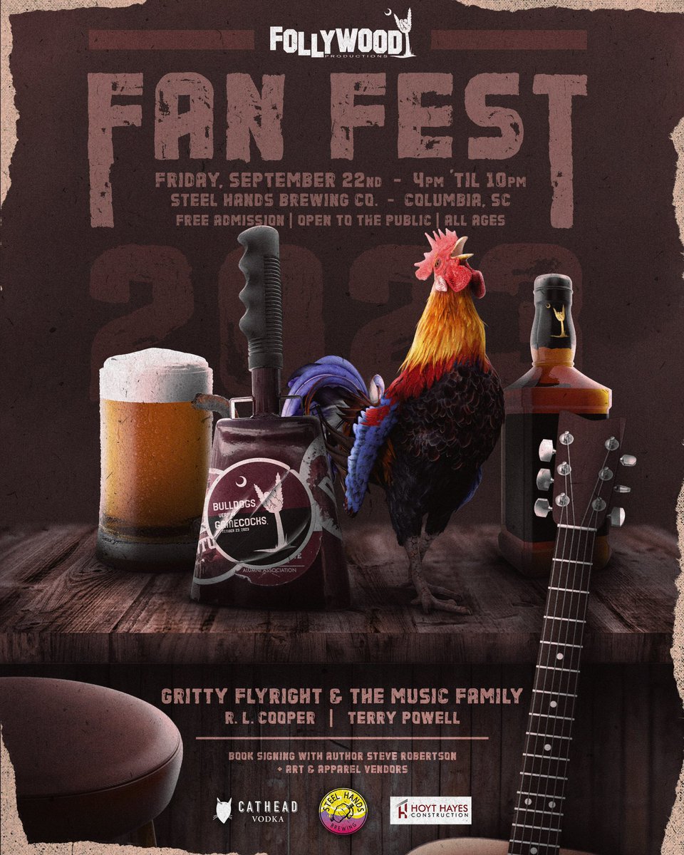 Inaugural Follywood Fan Fest:

Friday, Sept. 22nd <a href="/Steel_Hands/">Steel Hands Brewing</a> Brewing in #ColumbiaSC.

Live Music: Gritty Flyright
<a href="/uofscalumni/">USC Alumni Association</a> <a href="/UofSCYAC/">USC Young Alumni Council</a>

+ R.L. Cooper &amp; Terry Powell
<a href="/MSStateAlumni/">Mississippi State Alumni</a>

Book Signing: <a href="/ScoutSteveR/">Steve Robertson</a>

Sponsored By: <a href="/DrinkCathead/">Cathead Distillery</a>

All Ages. Free Admission. <a href="/SCBrewers/">South Carolina Brewers Guild</a>