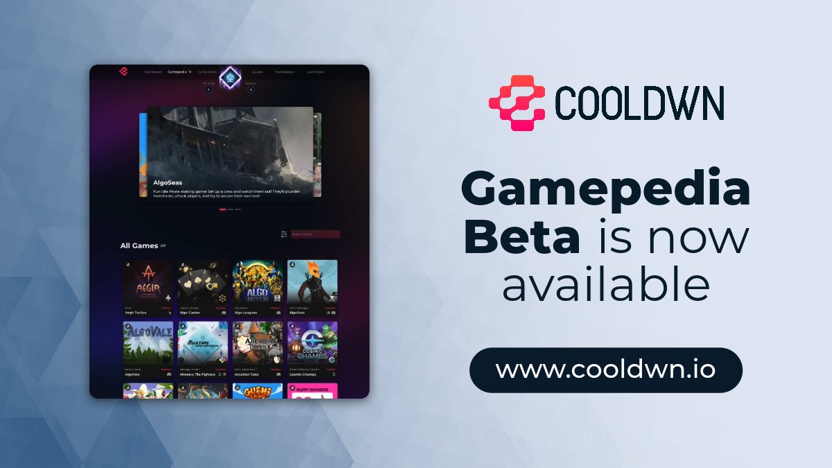 The CoolDWN Gamepedia Beta is here! cooldwn.io ✨ Features ✨ - View and learn more about all participating games (Algorand only, for now) - Filter games - Search games See Disclaimer, Known Issues and related forms in our Discord announcements.