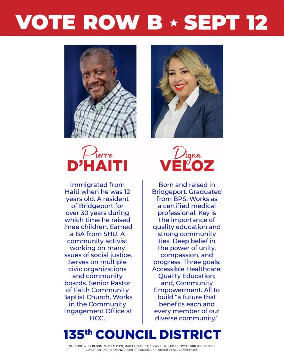 JohnGomes4Mayor's tweet photo. Meet our district 135th candidates.
Together we will make a change!
Vote Row B across the line for a better Bridgeport!
#RowB #GoWithGomes #Gomes2023 #johngomesformayor #believeinbridgeport #gomesteam #congomes #bridgeport #bridgeportct https://t.co/TLzmygVvbv