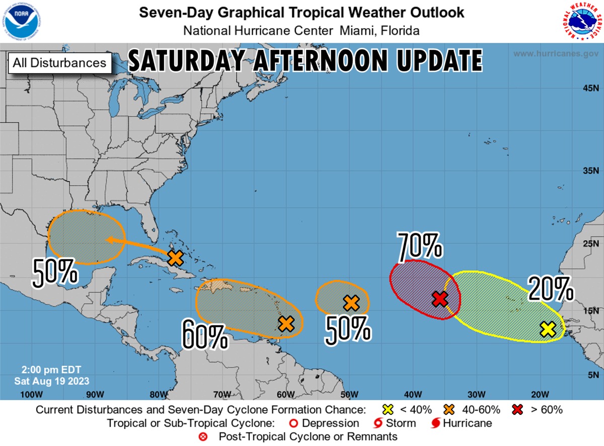 tropicalupdate's tweet photo. Saturday afternoon NHC Tropical Update. Watching five areas in the Atlantic now. https://t.co/Hk3pbO7x8H https://t.co/FnCx68EEQR