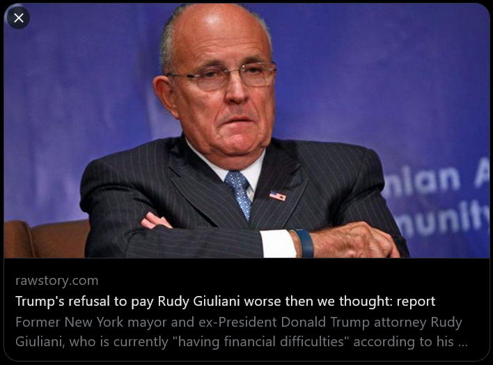 TheRainBowNavy2's tweet photo. Rudy: Where's All Trump's Money...? 
#wtpBLUE #ProudBlue #ResistanceUnited #DemVoice1 
-- so Donnie doesn't want to pay Rudy's bills and stopped at 340,000
-- So if this 340k is an average and there are approximate 20 other people "the Defendant" is covering legal expenses for that's only six million dollars....
-- So Jack Smith, what has "the Defendant" done with the remainder of 40 million supposedly given to him by the Super PAC...?
-- Trump's refusal to pay Rudy Giuliani worse than we thought: report https://t.co/lfQaRzlGod  #DemsAct 
#SaturdayMood #SaturdayVibes #TheRainBowNavy