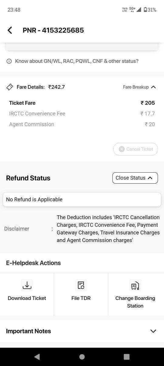 DhoniClub874's tweet photo. @RailwaySeva 
I have booked my ticket from adani one app, but after chart preparation ticket status was online so it automatically got cancelled.
But I didn't received money for that yet and on the app it's say refund credited.
Pnr number 4153225685 https://t.co/NA9ohhBOl2