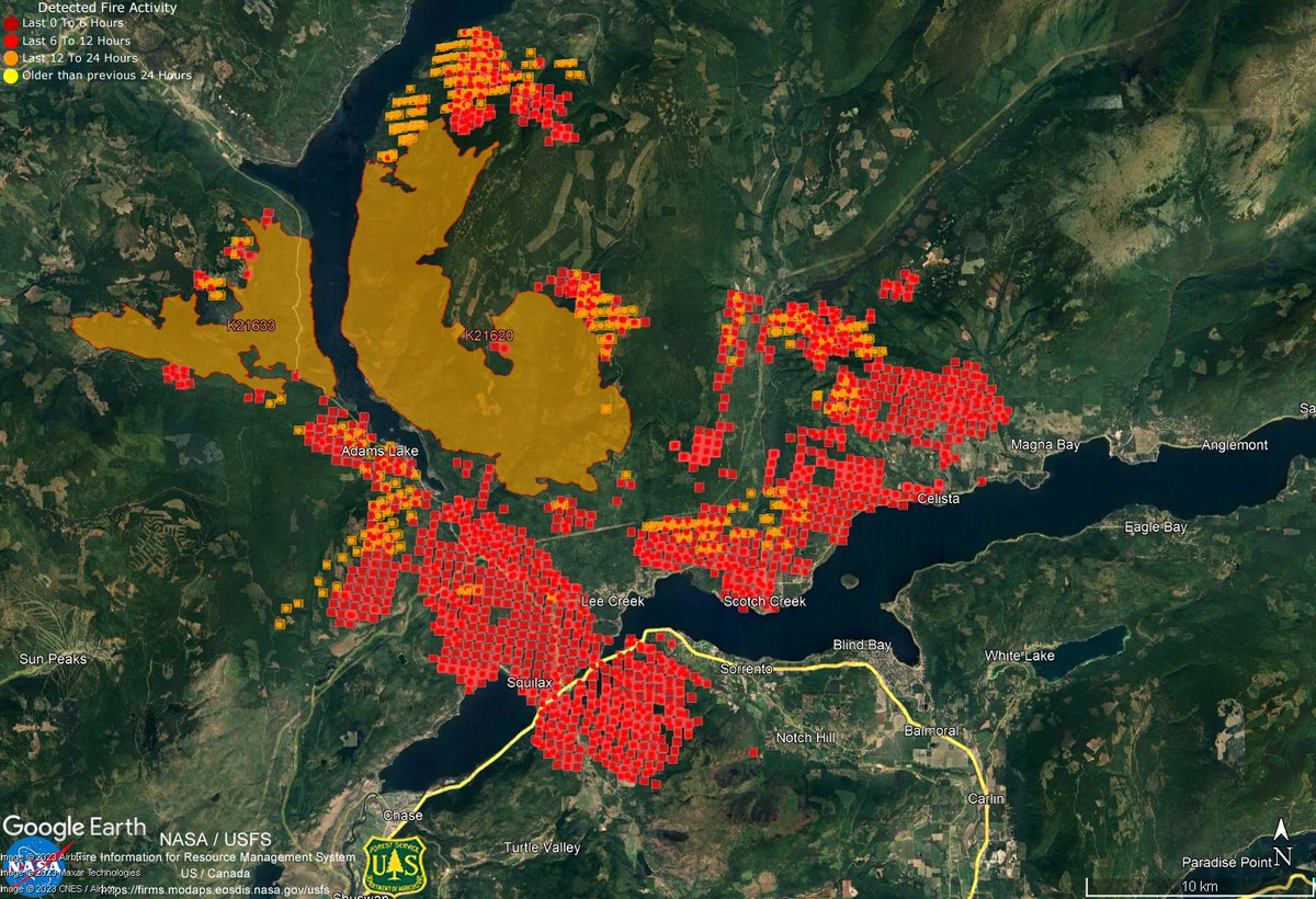 The Lower East Adams Lake (K21620) and Bush Creek East (K21633) wildfires were pushed by significant northerly winds to extreme fire growth in a southward direction yesterday evening into the night.