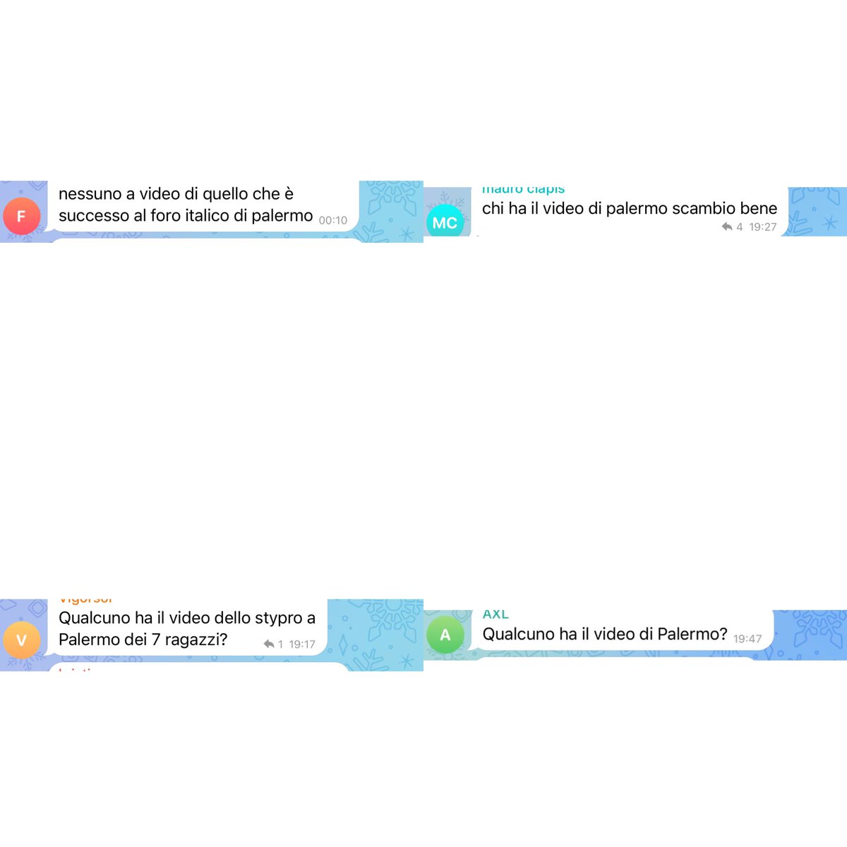 Sono di nuovo qui a parlarne e non smetterò mai di farlo.
In un gruppo Telegram con più di diecimila membri si chiede se sia disponibile il video dello #stupro di Palermo.
Dalla ped0pornografia al deep fake, 
ora anche la violenza sessuale come materiale.