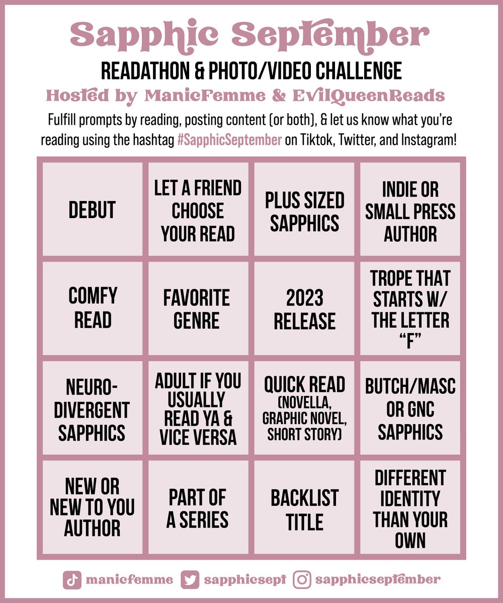 I am finally getting everything set up for <a href="/SapphicSept/">Sapphic September</a>! The carrd isn't updated yet but here's a sneak peak of the prompts. My best friend <a href="/evilqueenreads/">lexi</a> is joining me as a co-host for 2023, our fourth #SapphicSeptember in a row!
