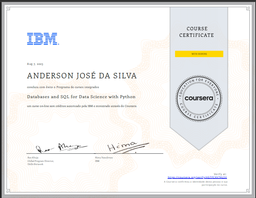 Gratidão ao @coursera  e a @ibmbrasil  peloe xcelente conteúdo disponibilizado no curso 6/9 do Certificado Profissional @IBM  Data Analyst
linkedin.com/posts/anderson…