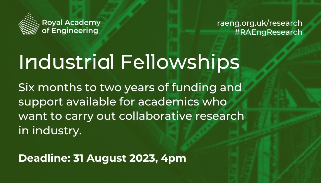 Are you an engineer looking for an opportunity to carry out collaborative research with an industry partner? Our Industrial Fellowships can provide support for part- or full-time projects, from six months to two years. Apply now: raeng.org.uk/industrial-fel… #RAEngResearch