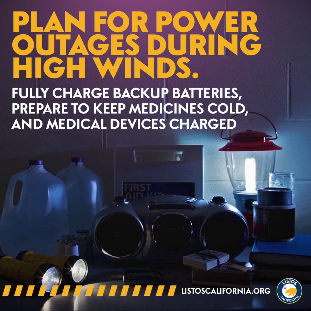 ListosCA's tweet image. Plan ahead, California! 

Prepare for any medical needs that rely on power and have enough water &amp;amp; food that doesn’t need refrigeration for everyone in your household for at least 3 days. 

Visit listoscalifornia.org for more safety tips #ListosCA #HurricaneHilary