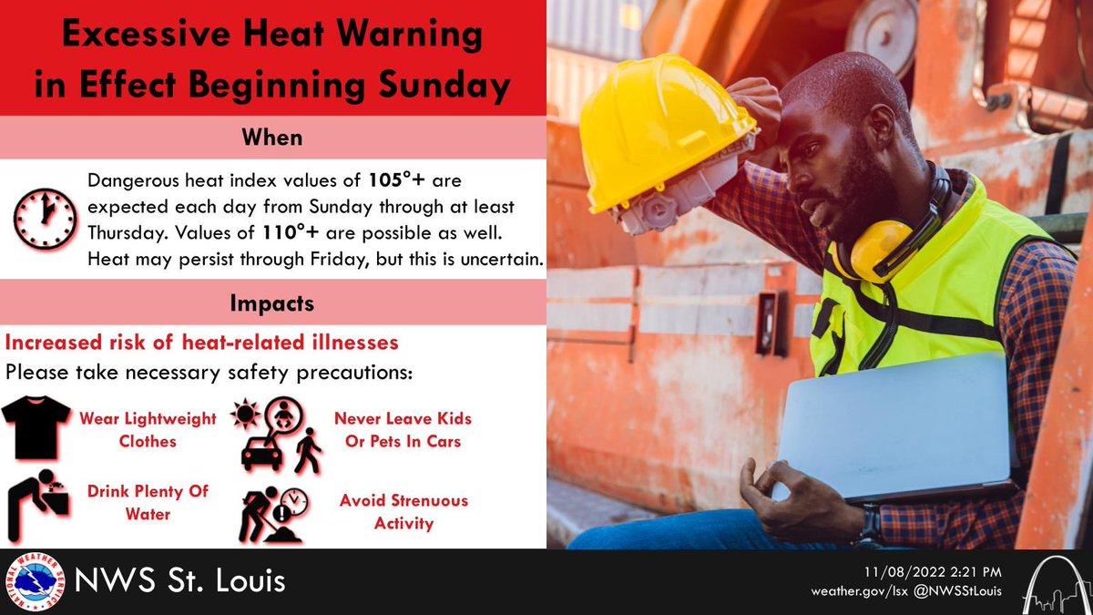 An excessive heat warning begins tomorrow for the entire region and lasts through Thursday. Dangerous heat is expected each day and night. Take precautions when outdoors. #stlwx #mowx #ilwx