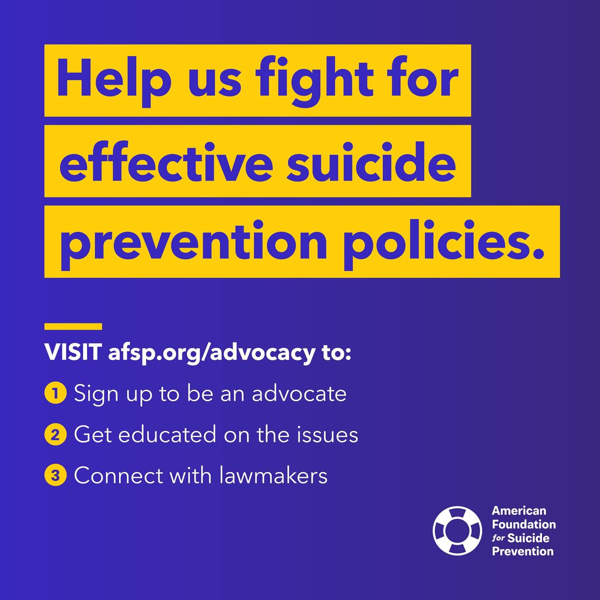 We've seen how advocacy can make a difference and get legislation passed here in Michigan and nationally. Help us fight for effective suicide prevention policies by signing up to become a Field Advocate and make your voice heard: afsp.org/advocacy. #AFSPadvocacy