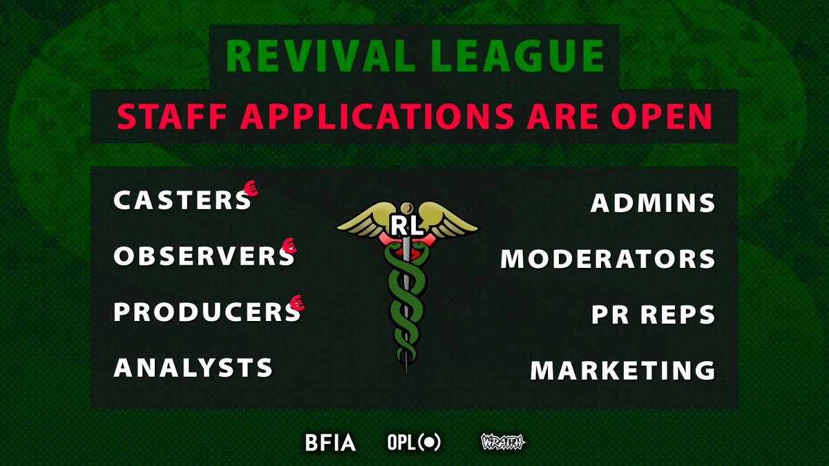 #RevivalLeague is looking for TALENT &amp; MANAGEMENT staff

PRODUCTION: forms.gle/XB21HFtxDwnkXj…
- casters (paid)
- observers (paid)
- producers (paid)
- analysts

ADMINISTRATION: forms.gle/TPkRiwZPqujFuC…
- admins
- moderators
- PR reps
- marketing

APPLY TODAY!