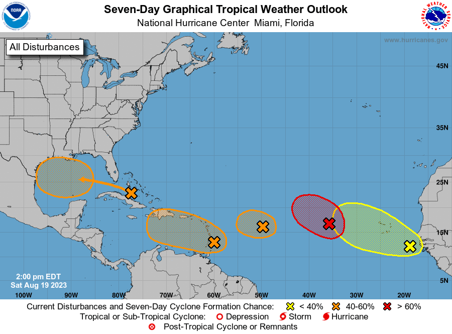 NHC_Atlantic's tweet photo. 2pm EDT Sat 19 August: There are now 5⃣ systems we are currently monitoring in the NATL basin for TC formation. 

Of these features, both Invest #90L near the Windward Islands &amp; another system near the Bahamas pose a risk of land impacts.

Latest Outlook:https://t.co/DboWSR44Dt https://t.co/HyNIVIJVBY