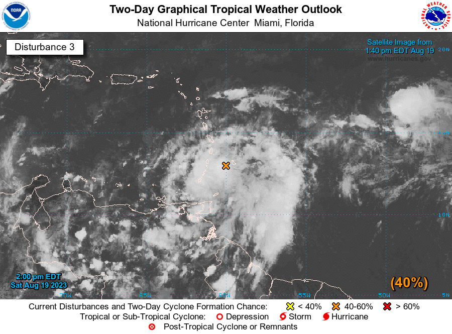 NHC_Atlantic's tweet photo. 2pm EDT Sat 19 August: There are now 5⃣ systems we are currently monitoring in the NATL basin for TC formation. 

Of these features, both Invest #90L near the Windward Islands &amp; another system near the Bahamas pose a risk of land impacts.

Latest Outlook:https://t.co/DboWSR44Dt https://t.co/HyNIVIJVBY