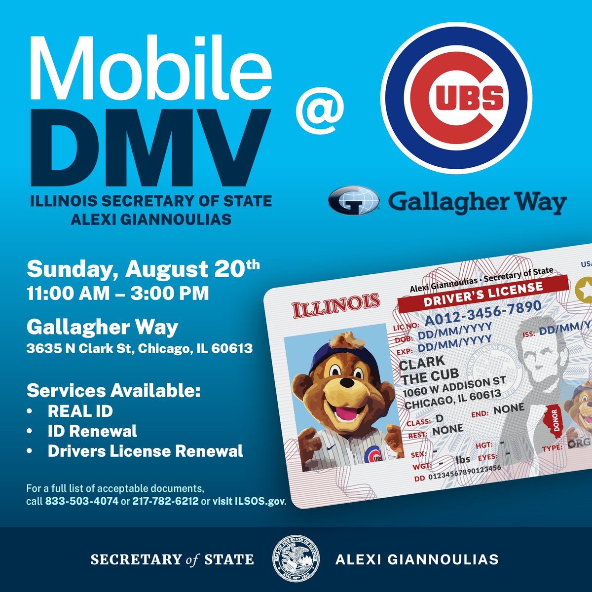 ILSecOfState's tweet image. Our #MobileDMV team will be at @GallagherWayChi Sunday, August 20th, from 11 AM to 3 PM. Swing by for REAL ID and ID/DL renewals. #ILSOS
