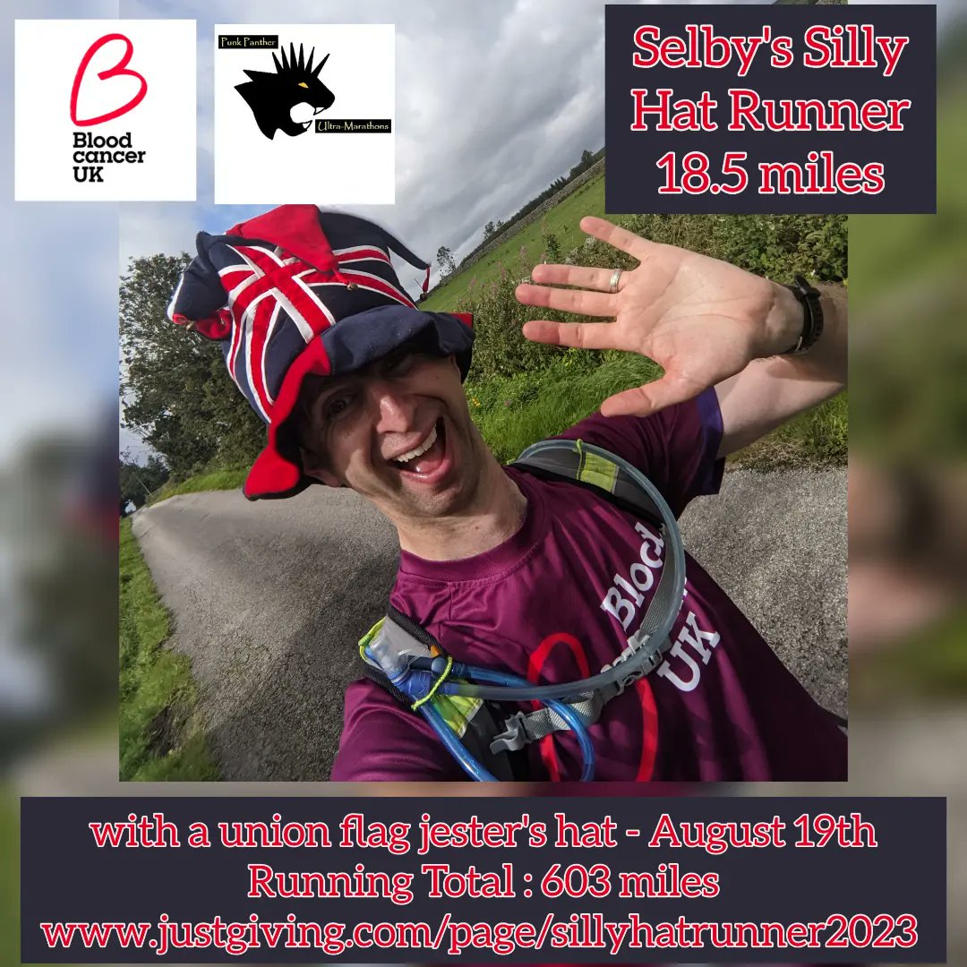 sillyhatrunner's tweet photo. my final recce run of @punkpantherevents #nidderdale way #ultramarathon. I wore a union flag jester's hat to support @TeamGB at @IAAFWCH
I'm running in #silly #hats for @bloodcancer_uk  
https://t.co/d5N84x2Hfe
#charity  #fundraising #donate https://t.co/iclrvcAatP