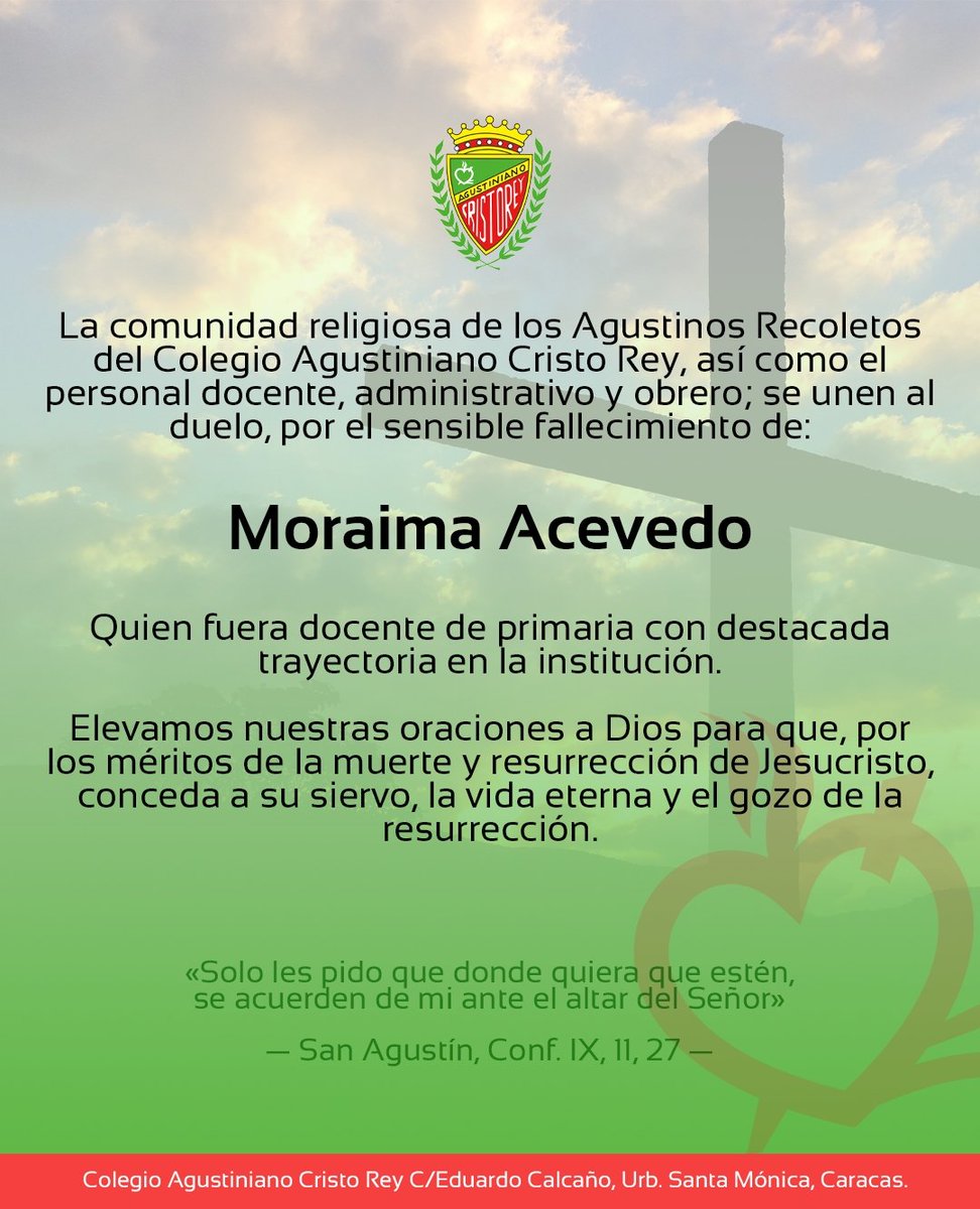 agustinianocr's tweet photo. Como familia Agustiniana, nos unimos en oración junto a la familia, amigos y conocidos de nuestra querida Profesora Moraima. Siempre será recordada por sus grandiosas virtudes, entrega y dedicación en nuestra casa de estudio 🕊️ 
Que el Señor le conceda el descanso eterno 🙏🏼 https://t.co/GUaJ4M8QdA