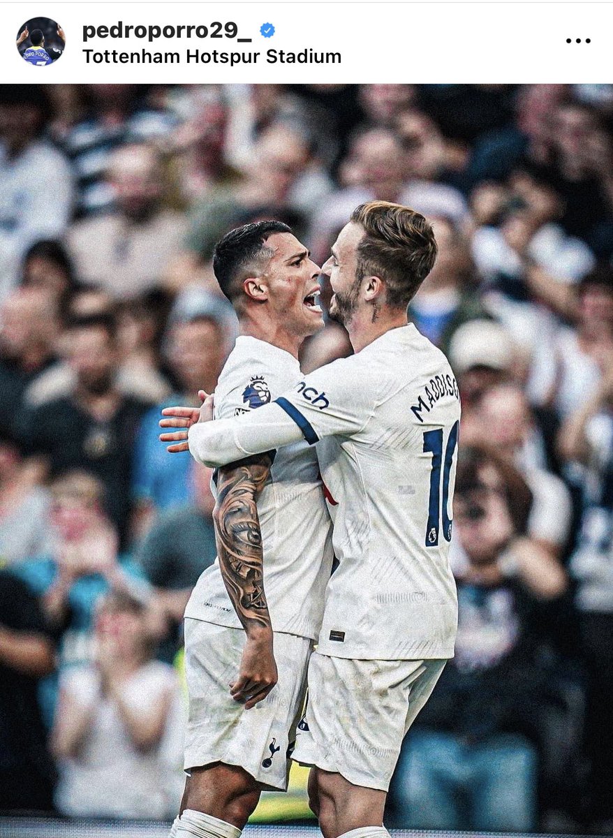 TheSpursExpress's tweet photo. Pedro Porro on Instagram: 

Vamosssss!! 💙💙 One kiss for you Madders 😘😂

What a team performance today 😍 TOGETHER ⚔️ https://t.co/G1XldpHVkX