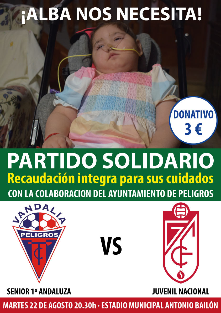 VandaliaCF's tweet photo. ¿Qué son 3€ para ti? Para ella son la vida...
¡Nuestra vecina Alba nos necesita! Con la colaboración del Ayuntamiento de Peligros y el Granada CF hemos organizado un partido solidario. Nuestro senior de 1ª Andaluza contra el Granada CF juvenil nacional. https://t.co/hHZj1xgtTX