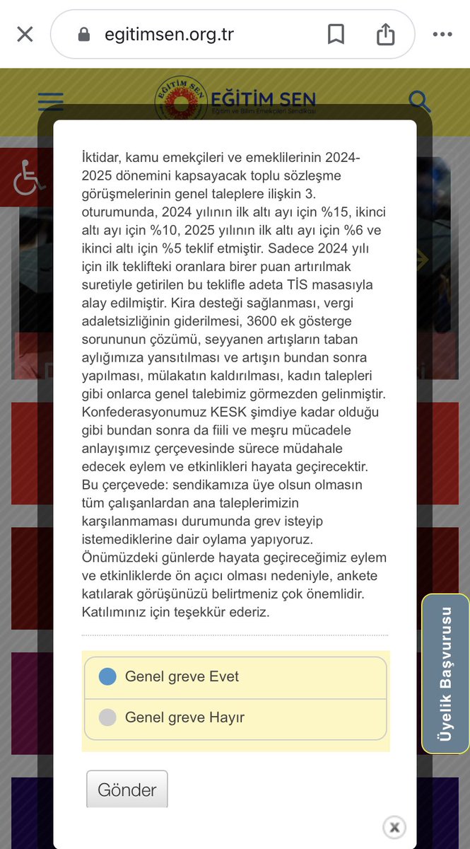 Eğitim Sen’e üye ol ya da olmayın 
Ana taleplerin karşılanmaması durumunda GREV isteyip/ istemediğinizi oylayın lütfen arkadaşlarım✌🏿✌🏿✌🏿

Eğitim Sen internet sayfasına girip oylamaya katılın lütfen✅

<a href="/KESK1995/">KESK</a>  
<a href="/egitimsen/">Eğitim Sen</a>