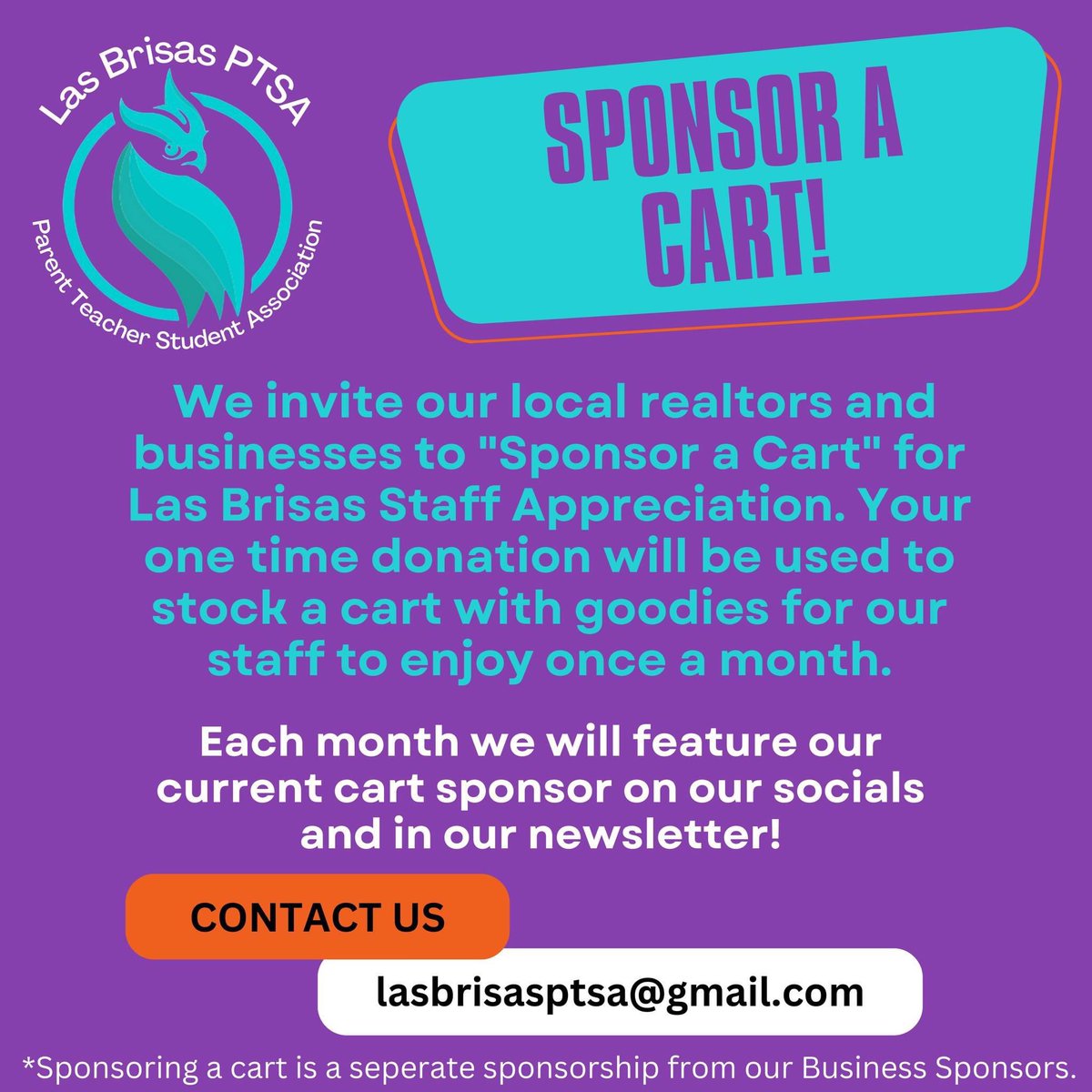 Las Brisas PTSA (@lasbrisas_ptsa) on Twitter photo The Las Brisas PTSA Staff Appreciation Committee is looking for local businesses interested in donating to "Sponsor a Cart"! If your business is interested to learn more please reach out to lasbrisasptsa@gmail.com! The Las Brisas PTSA Staff Appreciation Committee is looking for local businesses interested in donating to "Sponsor a Cart"! If your business is interested to learn more please reach out to lasbrisasptsa@gmail.com!