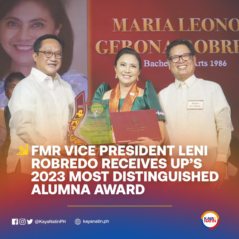 KayaNatinPH's tweet photo. DANGAL AT HUSAY✨

Atty. Leni Robredo received the University of the Philippines' 2023 Most Distinguished Alumna Award yesterday, August 19. 

UP Alumni Association (UPAA) commended Robredo for her work as a lawyer, development worker, and as government official. https://t.co/BiwoZ9A0Vb