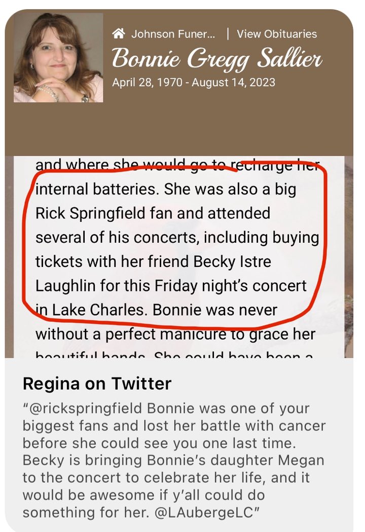 astrogini's tweet photo. @rickspringfield HELP! They won’t let Bonnie’s Daughter in cause she’s only 20. She’s devastated! #rickspringfield #help
#helpus @LAubergeLC #forbonnie #formegan #fuckcancer https://t.co/Zw5DP6Bfkm