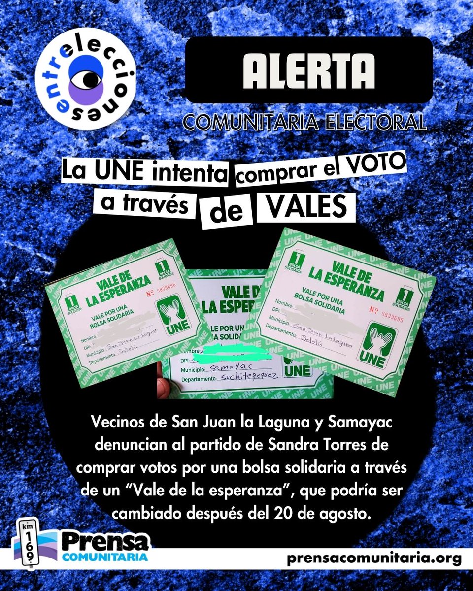 #AlertaElectoral ⚠️A través de un "vale de la esperanza" el partido que busca llevar a la presidencia a Sandra Torres intenta ganar el voto ciudadano a cambio de una bolsa solidaria👀

#Elecciones2023Gt