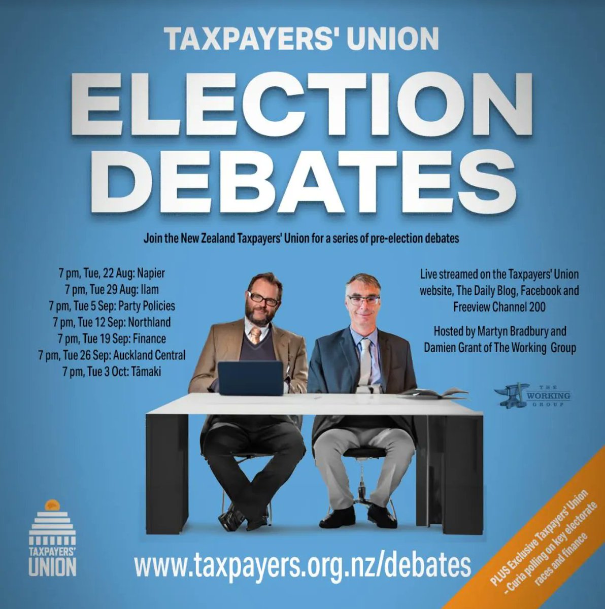 7pm-8.30pm Tuesday live-streamed and simulcast Freeview 200 – Taxpayers’ Union Napier Election debate hosted by the Working Group | The Daily Blog buff.ly/45clwqR

#nzpol