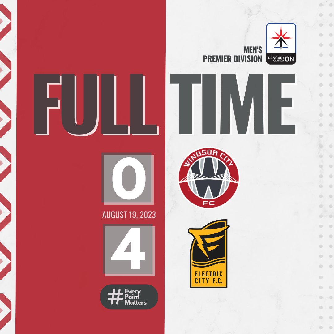 FT' <a href="/WinTFC/">Windsor TFC</a> 0 - 4 <a href="/ElectricCityFC/">Electric City Football Club</a>

<a href="/ElectricCityFC/">Electric City Football Club</a> were the dominant team this evening at St. Clair College Stadium.

<a href="/WinTFC/">Windsor TFC</a> could not break through the visitor defense and get a goal through.

#L1OLive #EveryPointMatters