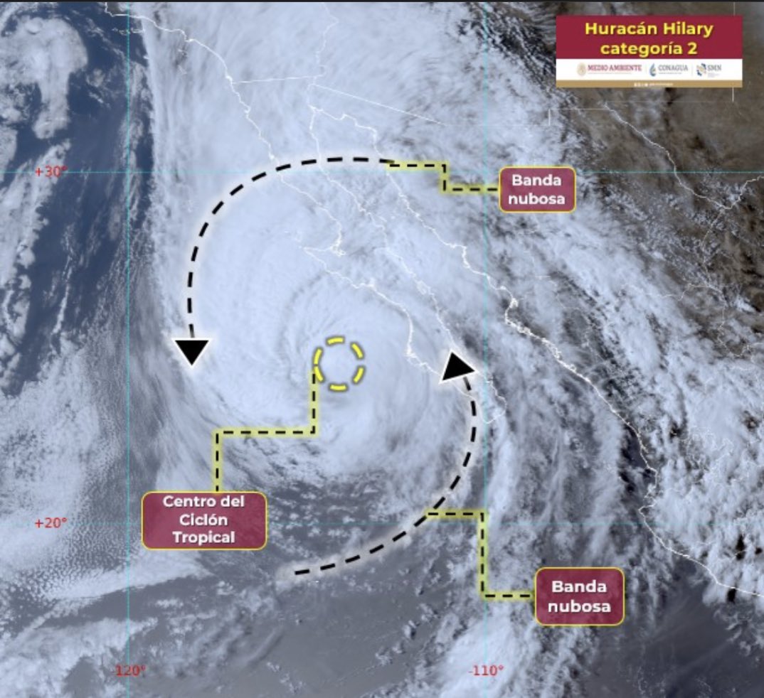 Hilary (Cat. 2)
Posición: 390 km al Sur de Punta Eugenia, BCS
Vientos de 150 km/h 
Movimiento: NNO 28 km/h