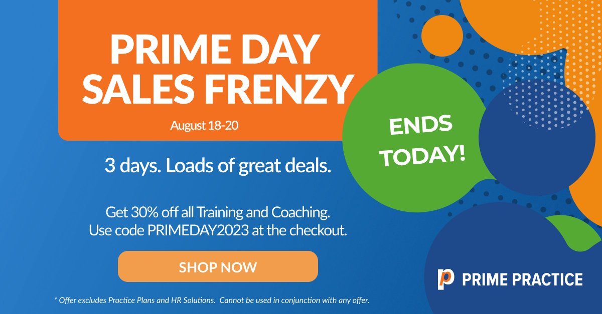 PrimePractice's tweet image. The Prime Day Sales Frenzy ends today... Don't miss out on the opportunity to elevate your skills and enhance your practice's success!

Only a few hours left... Shop now: bit.ly/3P2kfNq
Simply use code PRIMEDAY2023 at the checkout.