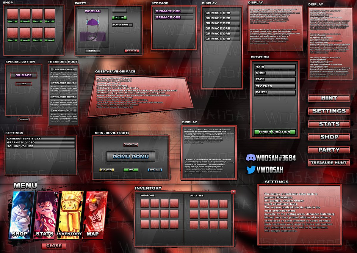 Commissions: Open   
Discord: woosahs   
Only Discord ID: 528790954694410241  
    
#Lookism #AshuraAwakened #Roblox #RobloxDev #OB #RobloxStudio #Baki #Anime #Development #RobloxUI #GUI #TokyoRevengers #TR #Medieval #Art