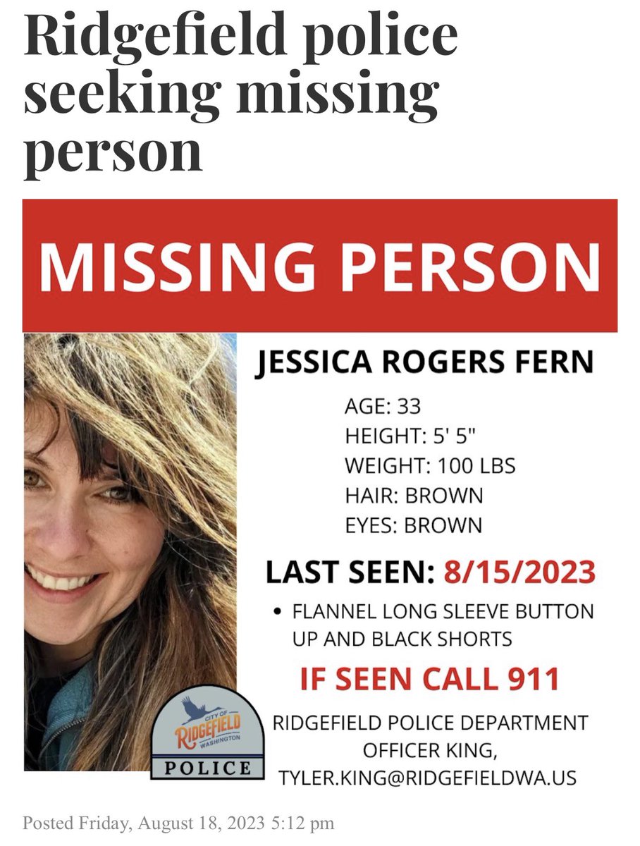 Ridgefield PD is requesting the public's assistance in locating a 33-year-old resident last seen leaving her home earlier this week.

Jessica Fern was last seen leaving her residence at about 6 p.m. Tuesday, Aug. 15, a release from the city stated. 

thereflector.com/stories/ridgef…