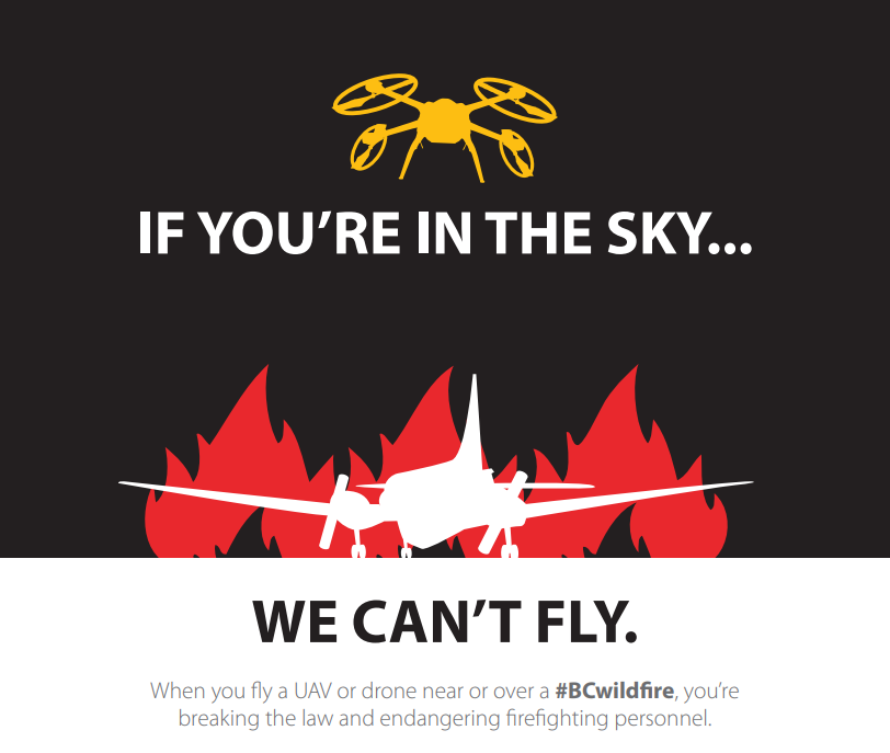 The operation of any aircraft not associated with fire suppression activities, including drones and uncrewed aerial vehicles (UAVs), near a wildfire is illegal. It also poses a serious threat to the safety of firefighting personnel. Learn more tc.gc.ca/safetyfirst