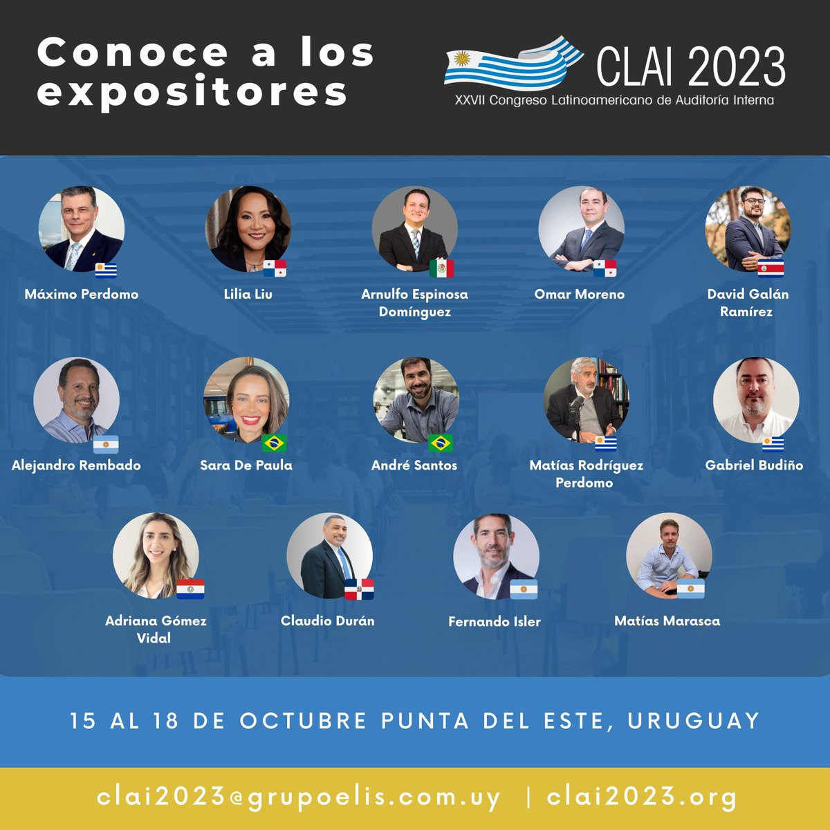 Auditores_LATAM's tweet photo. Conoce a algunos de los expositores que estarán presente en CLAI 2023 🙌 .
¡Ingresando al sitio web, podrás encontrar sus cv y acceder a los detalles de sus conferencias 🎤 !.

https://t.co/ro1gtfvbhb https://t.co/S28i9TX4jr