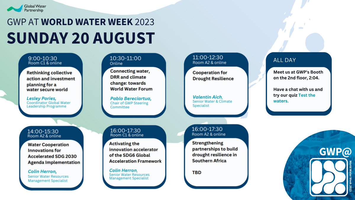 GWPnews's tweet photo. 💦🎬 Kicking off #WorldWaterWeek 2023, Sunday 20 August

We’re starting off strong with a day full of events.

👐 We hope to see you on-site or online.

#WWWeek #WaterManagement #WaterInnovation #WaterSecurity #WaterSecureWorld https://t.co/0KS3Qitx8B