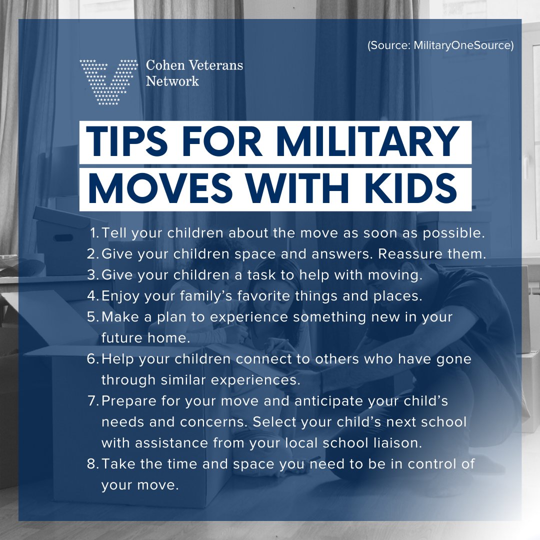 CohenClinicRR's tweet image. #PCSTips from #CVN:

#Militaryfamilies relocate three times as often as their civilian peers. Every #PCS move means a new home, new school, new friends and potentially more stress on military children. Here are some helpful pointers to help your military child adapt.
