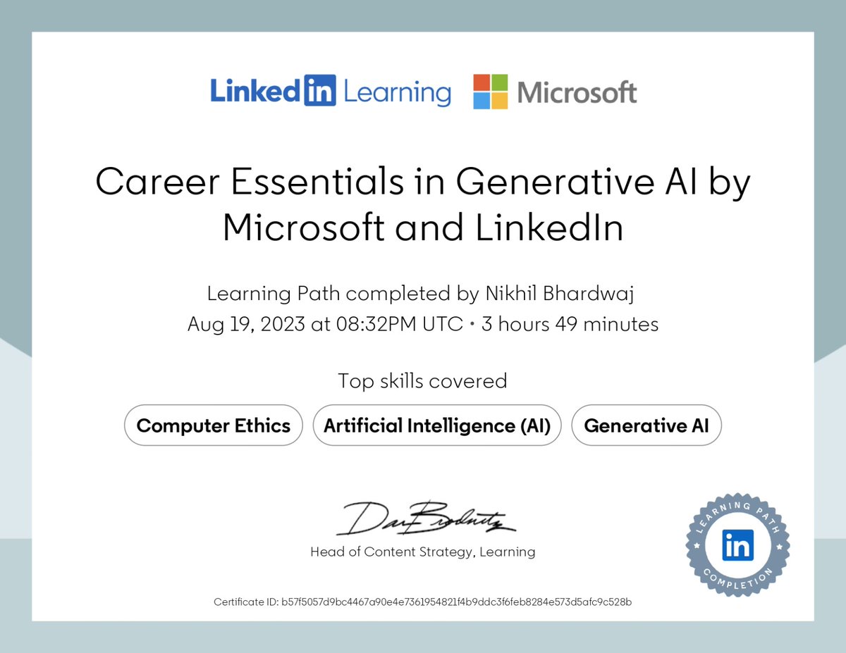 bhardwaj_twts's tweet photo. Completed the learning path "Career Essentials in Generative AI by Microsoft and LinkedIn"! This course taught me how to use generative AI techniques to create engaging and ethical content for various domains.
#GenerativeAI #computerethics #ArtificialIntelligence #learning https://t.co/mBkAdrbd41