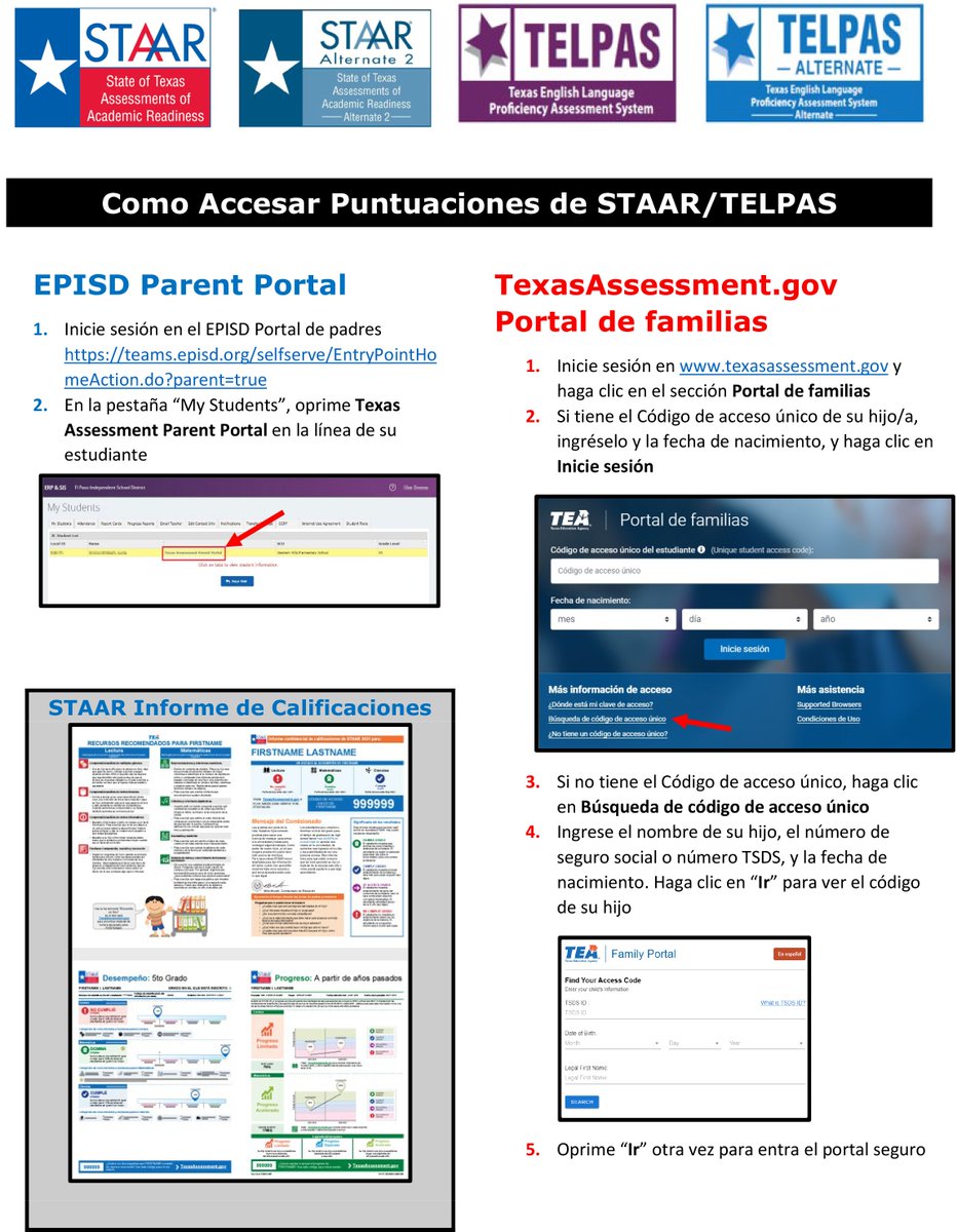 El Paso ISD (@elpaso_isd) on Twitter photo Parents, seeing your student’s Spring 2023 STAAR results is easy.
• Log in to El Paso ISD Parent Portal: bit.ly/episd_portal
• Click on Texas Assessment Parent Portal.
• Watch this video for more info: bit.ly/episd_staarhow
• Watch in Spanish: bit.ly/episd_staarhow… Parents, seeing your student’s Spring 2023 STAAR results is easy.
• Log in to El Paso ISD Parent Portal: bit.ly/episd_portal
• Click on Texas Assessment Parent Portal.
• Watch this video for more info: bit.ly/episd_staarhow
• Watch in Spanish: bit.ly/episd_staarhow…