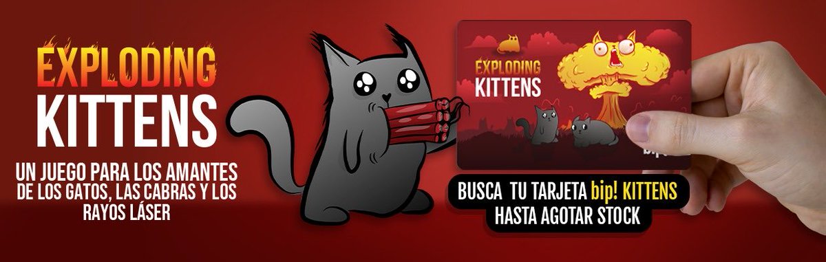 ¡Atención #catlover 🐱 Prepárense para tener su tarjeta BIP! 💳 inspirada en el juego #ExplodingKittens, disponible a partir del 21 de agosto en las siguientes estaciones: 

📍Universidad de Santiago
📍Los Héroes 
📍Universidad de Chile
📍Los Leones 
📍Escuela Militar 

¡Miau! 🐈