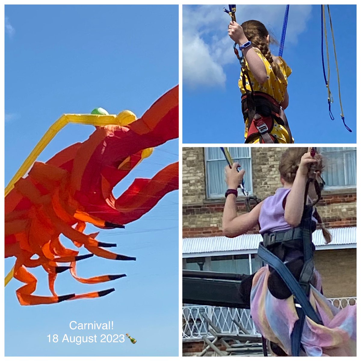 GillBracey's tweet photo. @AldeCarnivalUK stalls popped up overnight🤩. #TheGirls had great time bungee trampolining & did final checks #SpottheWindow. After lunch💤- one of those nights😱. With @nickisapiro to @AldeJubileeHall for #SummerTheatre #MarriageisMurder. Ace show! Excellent supper @loveprezzo🥰 https://t.co/odpYOdiSdx