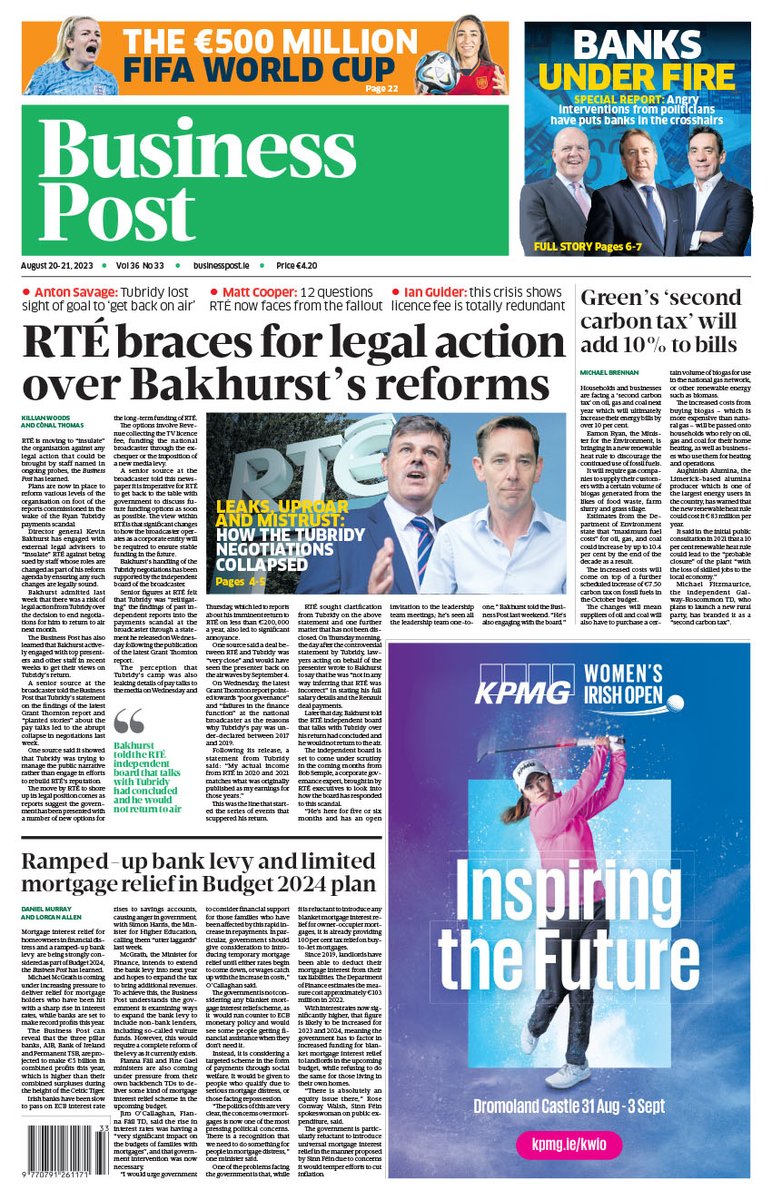 Tomorrow's front page. Pick up a copy in stores or subscribe at businesspost.ie:

🗞️ RTÉ braces for legal action over Bakhurst's reforms

🗞️ Ramped-up bank levy and limited mortgage relief in budget plans

🗞️ 'Second carbon tax' will add 10% to bills