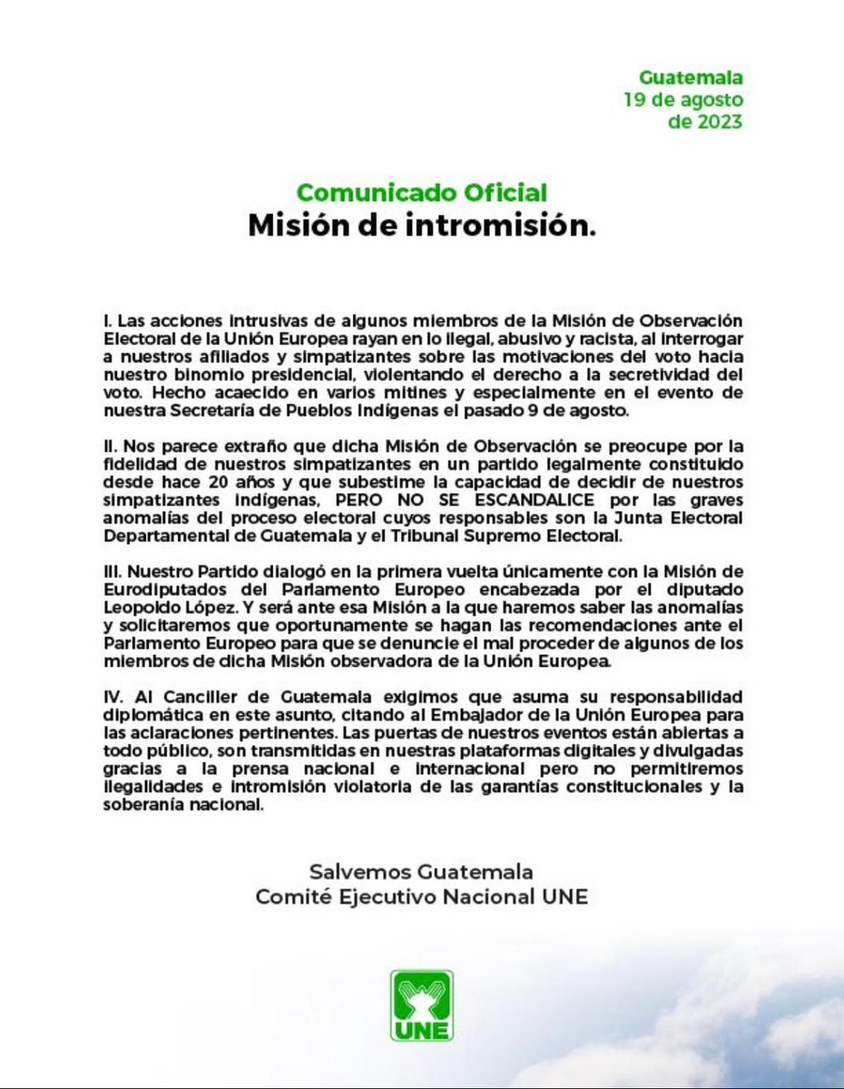 UNE emite comunicado sobre acusaciones hacia la Misión de Observación Electoral de la Unión Europea.

🗳️#EUElecciones2023 #Elecciones2023 #EleccionesGT #GUATEVOTA2023 #EleccionesGT2023